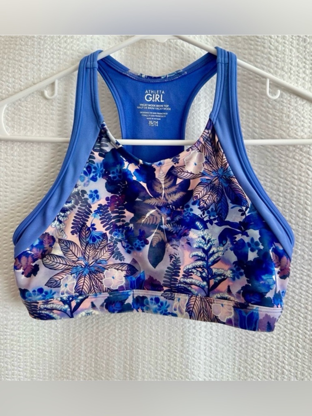 Athleta Girl Vacay Mode Floral Bikini Top Blue Purple XL 14 Racerback Swim Kids